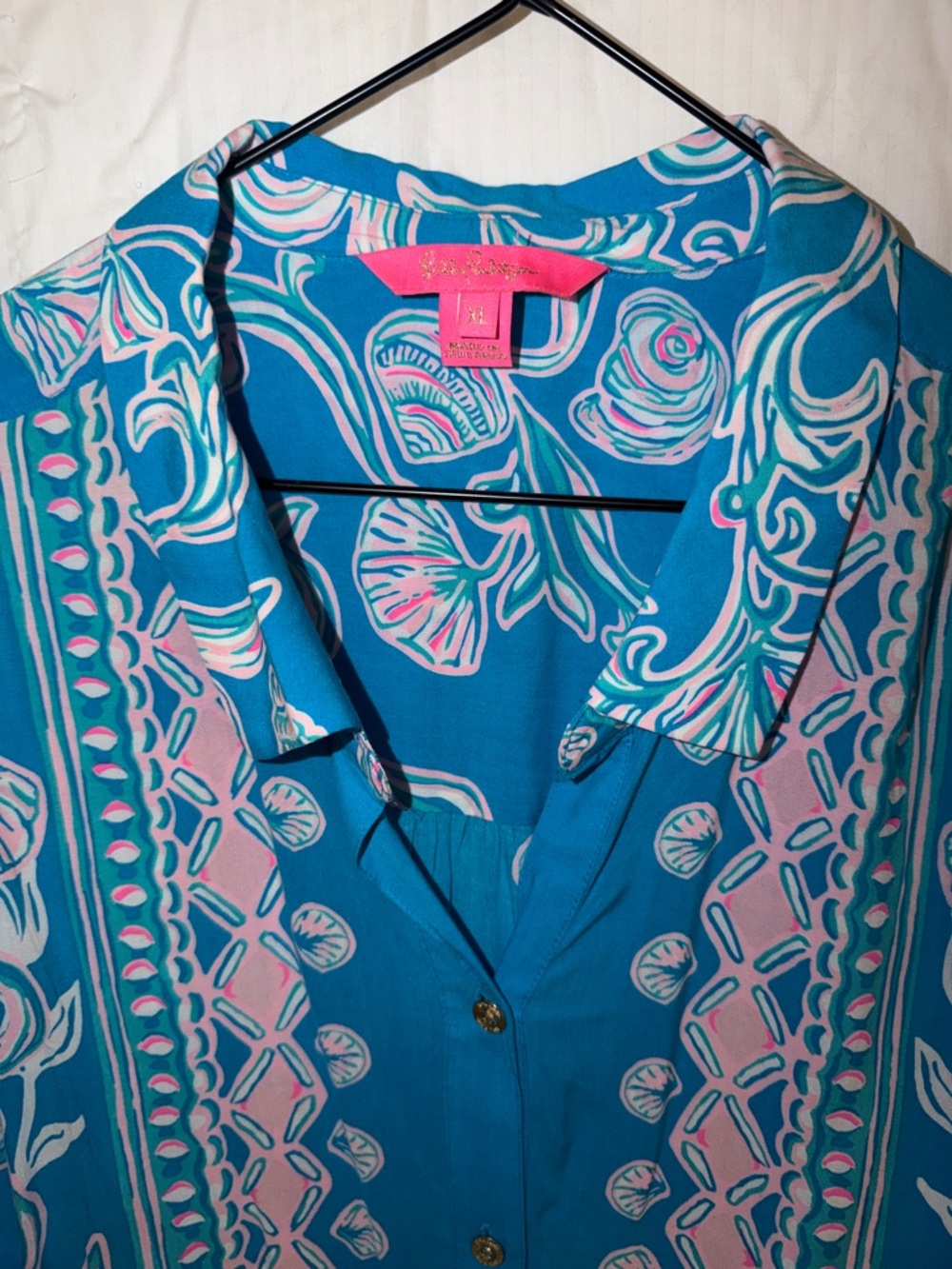 Lilly Pulitzer Teal and Pink Printed Long-Sleeve Shirt Dress